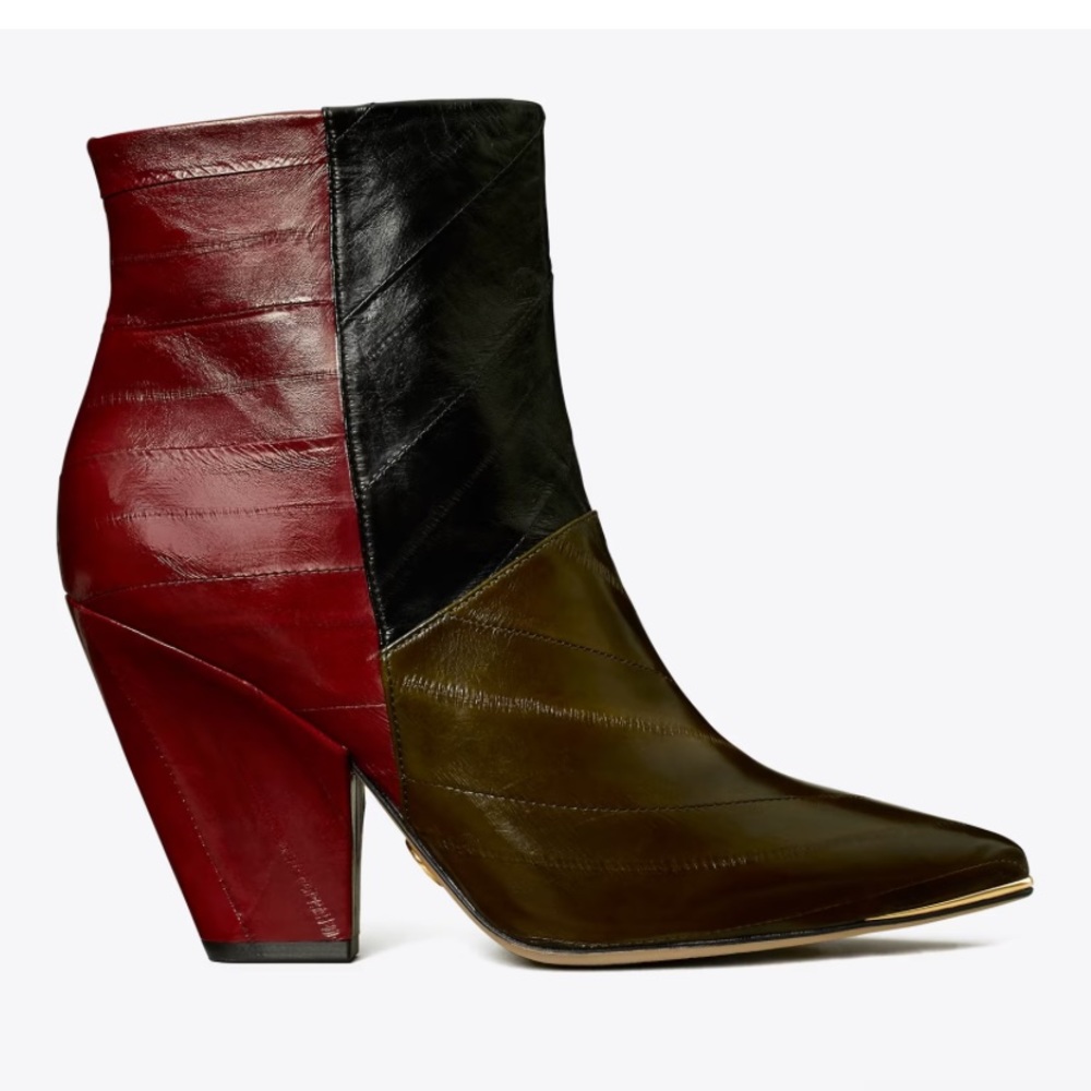 TORY BURCH LILA EEL LEATHER ANKLE BOOTIE OLIVE/BLK/WINE 90MM HEEL SIZE US 8, 8.5